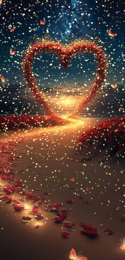 Romantic heart-shaped path with butterflies under a starry sky wallpaper.