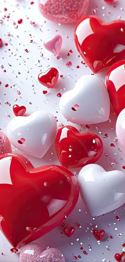 Romantic mobile wallpaper with glossy red and white hearts on a soft background.