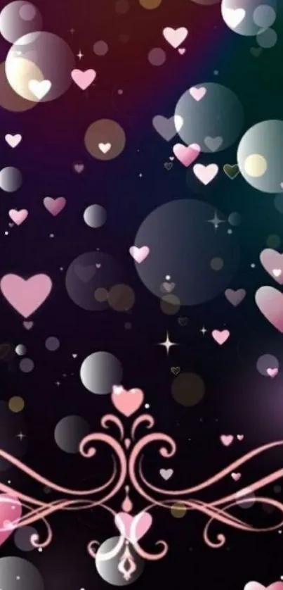 Romantic wallpaper with pink hearts and swirls on a dark background.