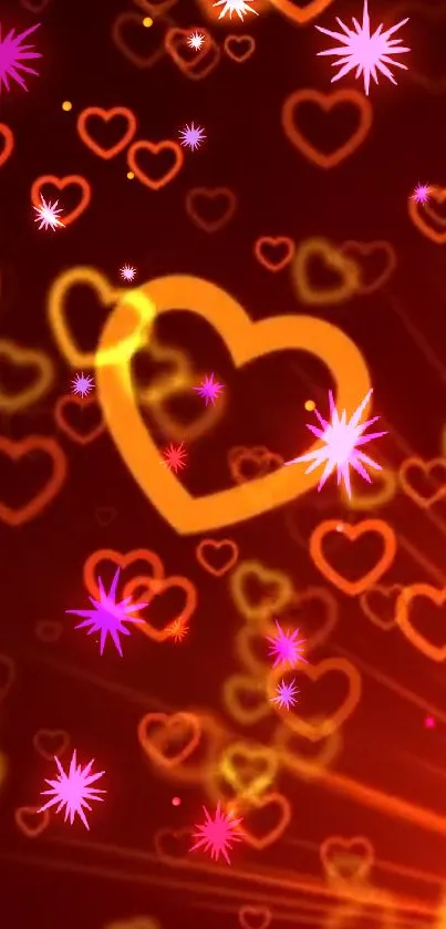 Colorful heart and star mobile wallpaper with a fiery red background.