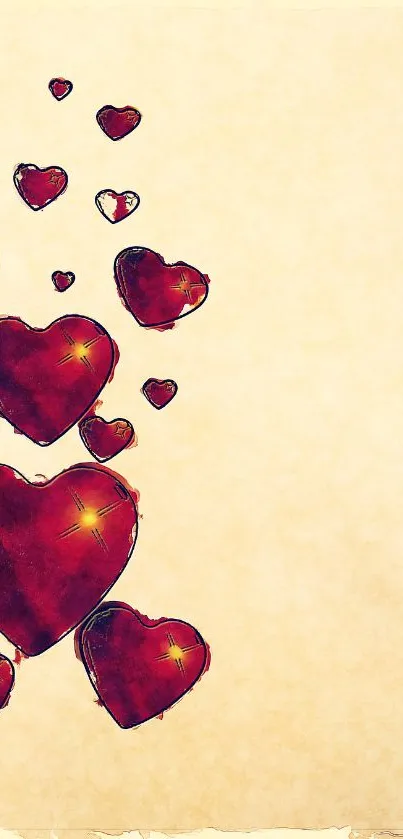 Mobile wallpaper with red hearts on a beige background.