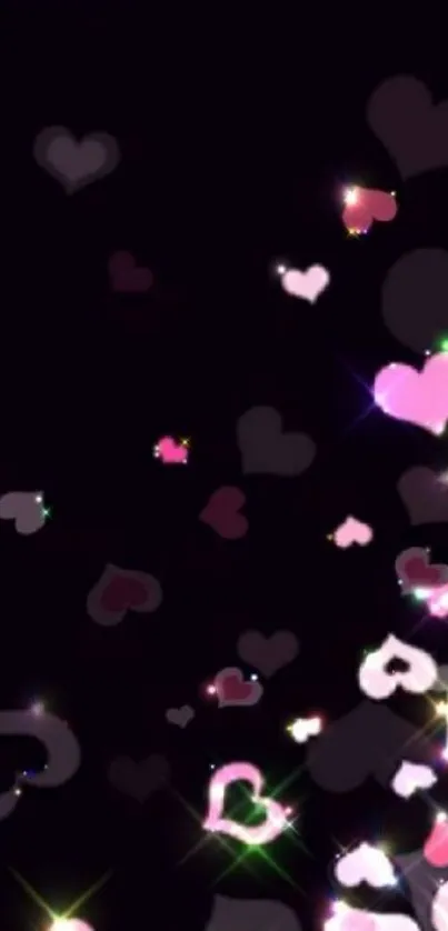 Mobile wallpaper with glowing pink hearts on a dark background.