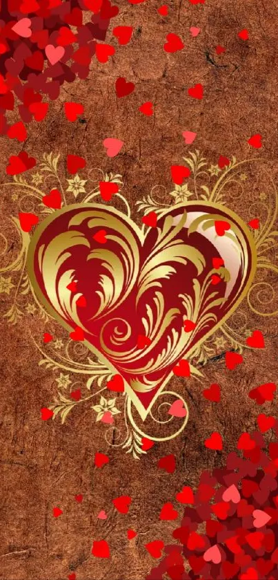 Ornate red and gold heart design wallpaper with scattered red hearts.