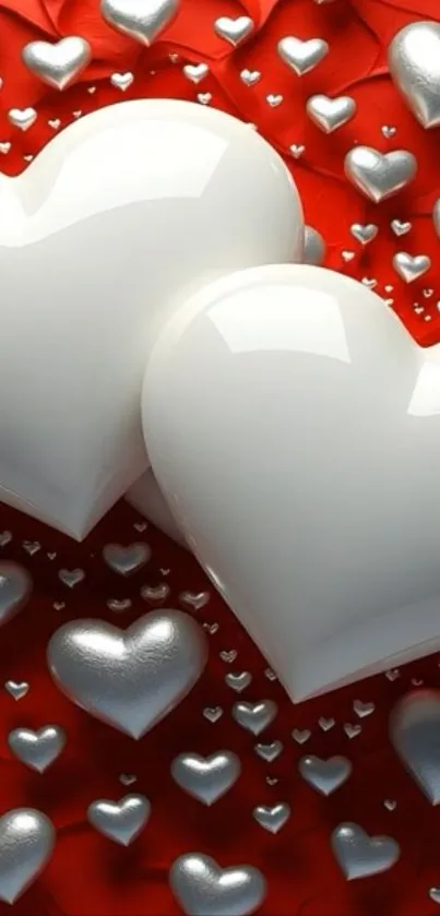3D white and silver hearts on a red background wallpaper.