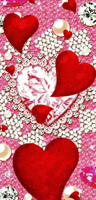 Romantic wallpaper with red hearts and gems on a pink background.