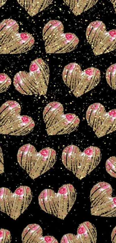 Romantic heart pattern wallpaper with pink roses on black background.