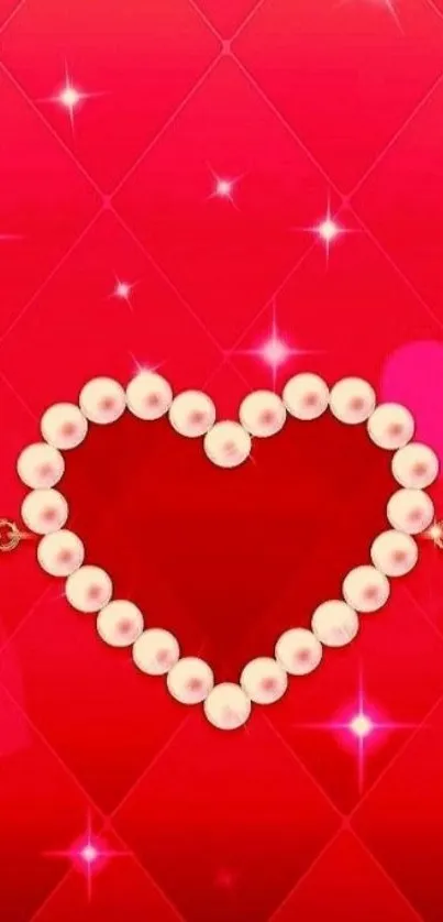 Romantic red wallpaper with pearl heart and sparkles.