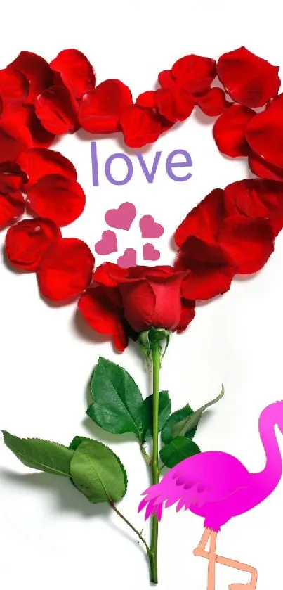 Heart-shaped red rose petals with love and flamingo design.