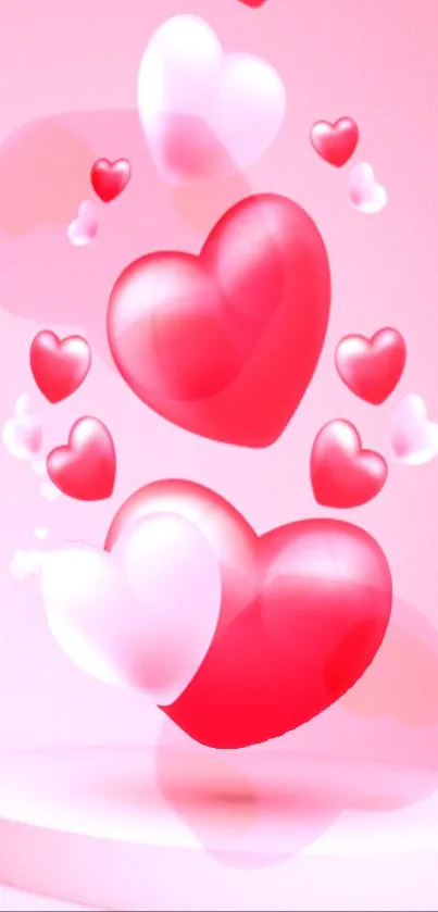 Pink and red hearts floating on a soft pink background, creating a romantic vibe.