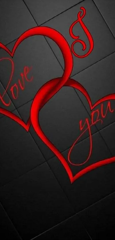 Romantic phone wallpaper with red hearts and 'I love you' on dark background.