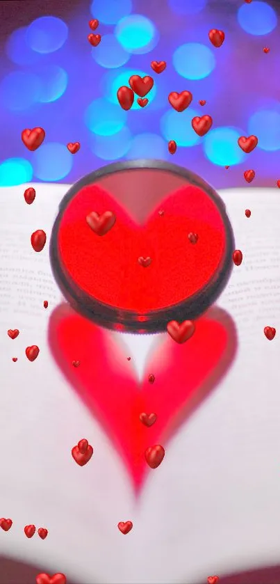 Heart shapes glowing on an open book with a vibrant red hue.