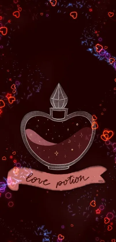 Mystical heart potion design with glowing red and blue hearts on a dark background.