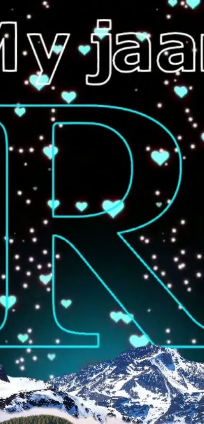 Romantic wallpaper with glowing 'R' and hearts.