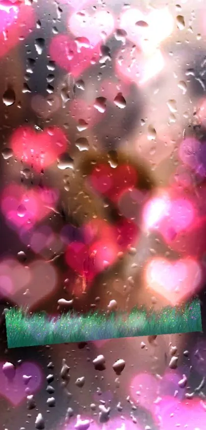 Romantic mobile wallpaper with heart-shaped raindrops and pink hues.