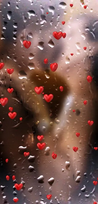 Romantic mobile wallpaper with red hearts on a wet glass surface with raindrops.