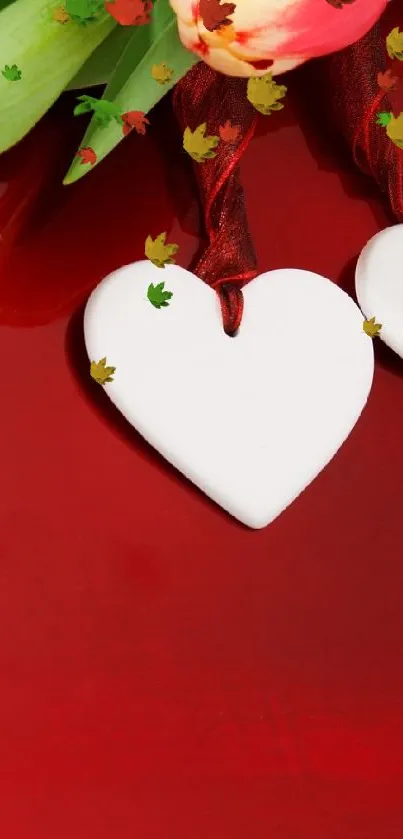 Red background with tulips and heart ornaments.