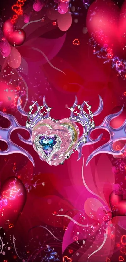 Romantic red and pink heart-themed wallpaper with floral elements.