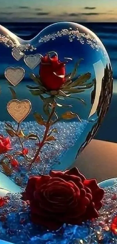 Heart-shaped glass with red rose and ocean view.