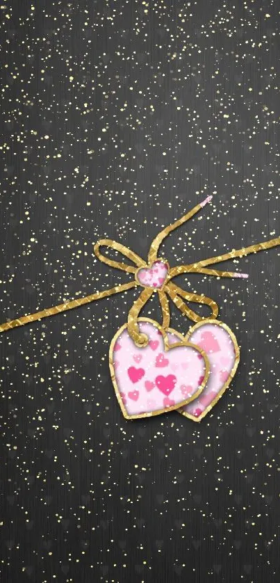 Romantic mobile wallpaper with hearts and gold ribbon.