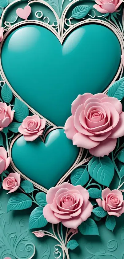 Teal hearts with pink roses in romantic floral design mobile wallpaper.