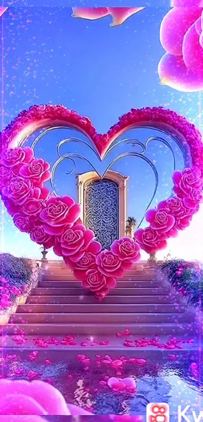 Heart-shaped rose gateway with blue sky.