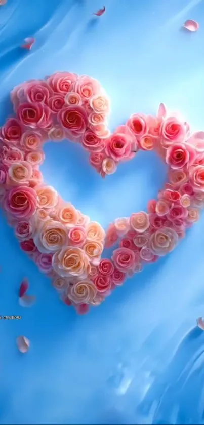 Heart-shaped rose petals on a blue background.