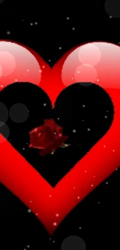 Romantic red heart with a rose inside on a dark background wallpaper.