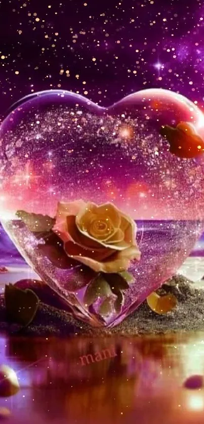 Heart-shaped glass with rose in a cosmic setting.