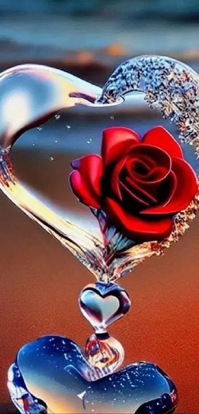 Crystal heart with red rose on the beach wallpaper.