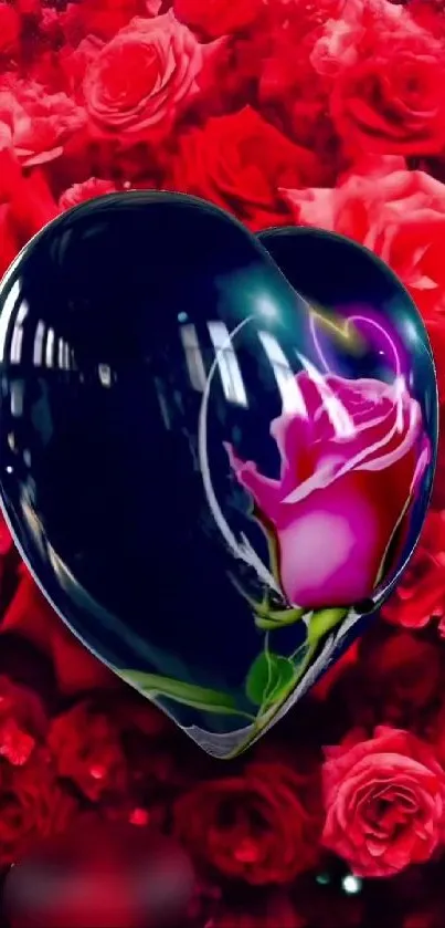 A dark heart with rose and vibrant red background.