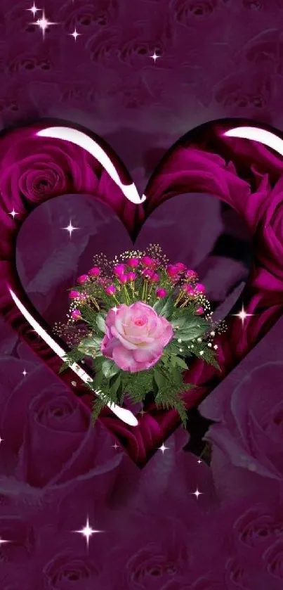 Heart-shaped pink rose wallpaper on deep pink background.