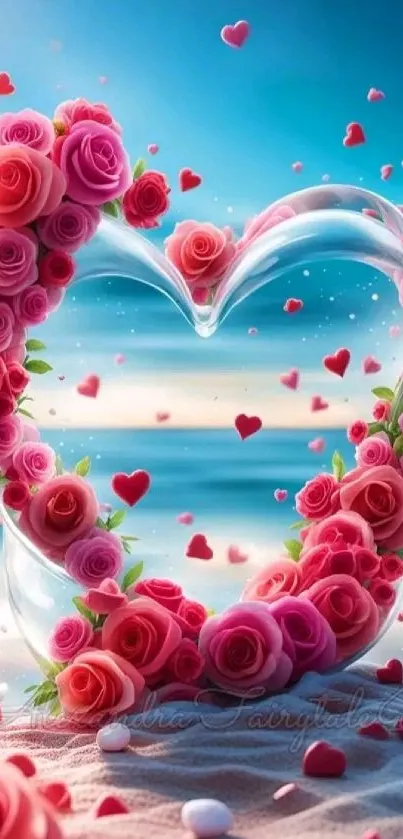 Heart-shaped rose decoration with ocean background.
