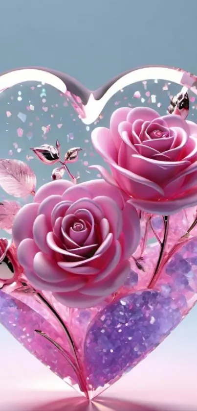 Heart-shaped glass with pink roses and sparkle.