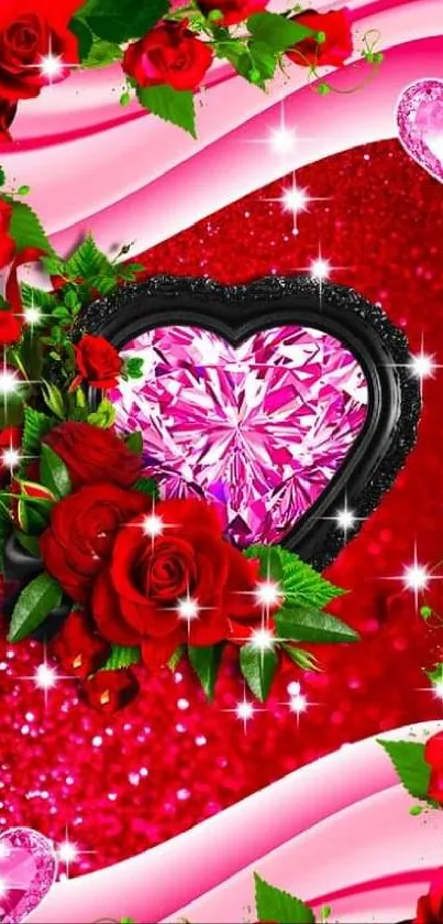 Romantic wallpaper with red roses and pink heart.