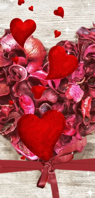 Romantic heart-shaped red roses wallpaper with a rustic background.