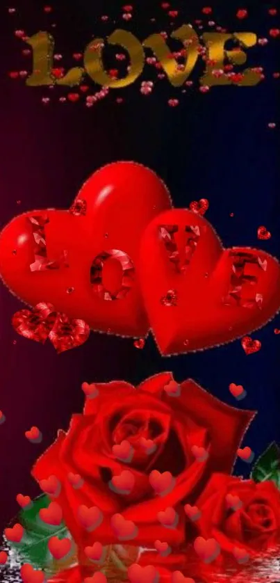 Romantic wallpaper with red hearts and roses on a vibrant background.