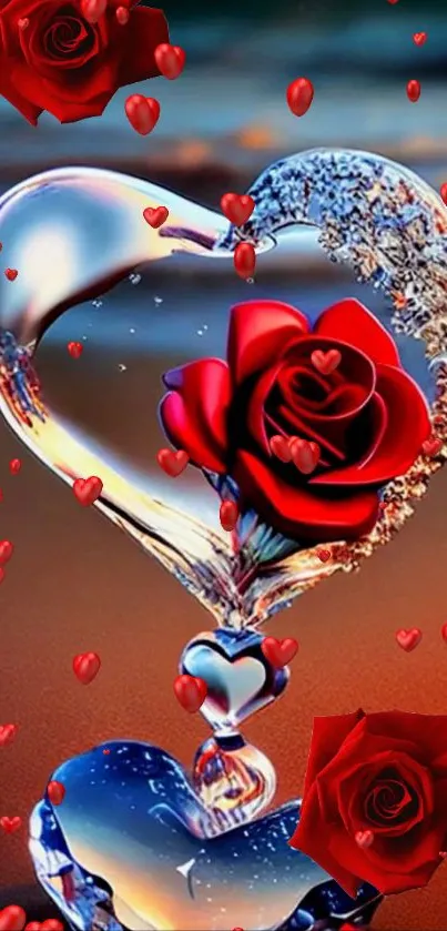 Romantic wallpaper with a crystal heart and red roses.