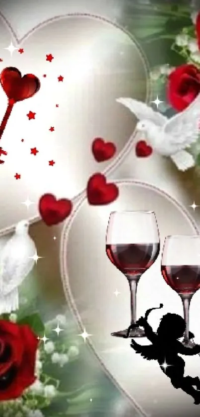 Romantic heart and roses wallpaper with doves and wine glasses.