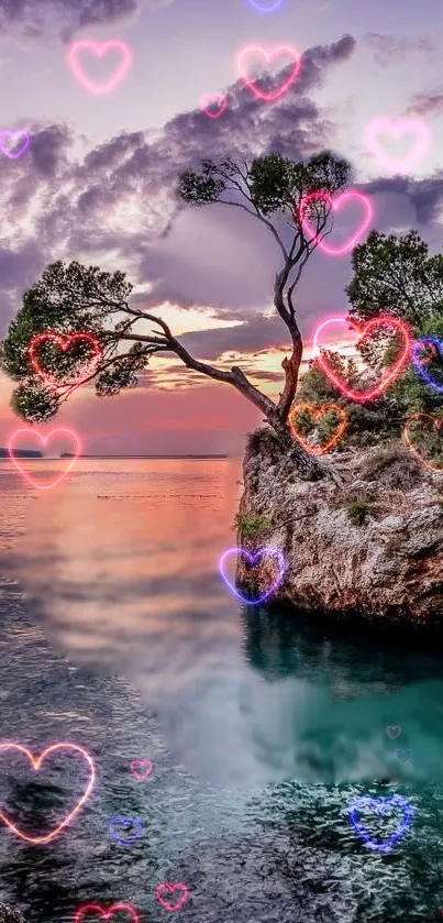 Romantic sunset with neon hearts on a scenic lake view.