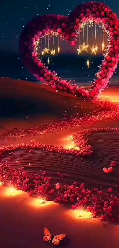 Heart-shaped glowing design with stars and vibrant colors in night setting.