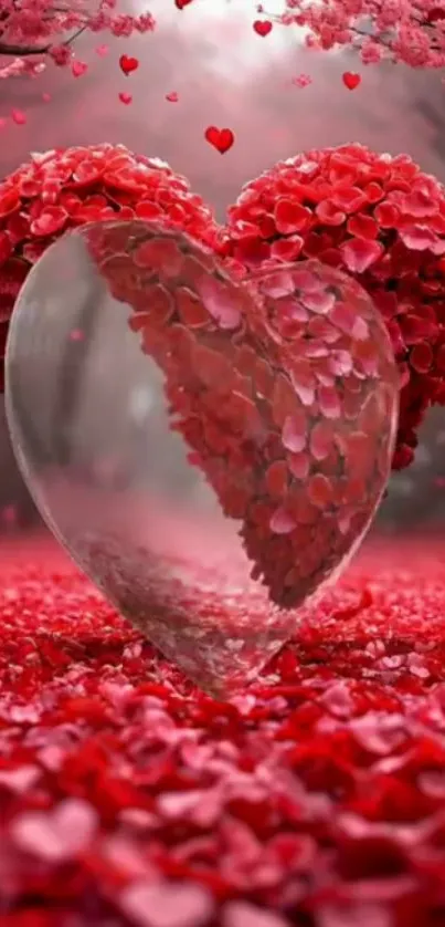 Heart made of red petals in nature setting wallpaper.