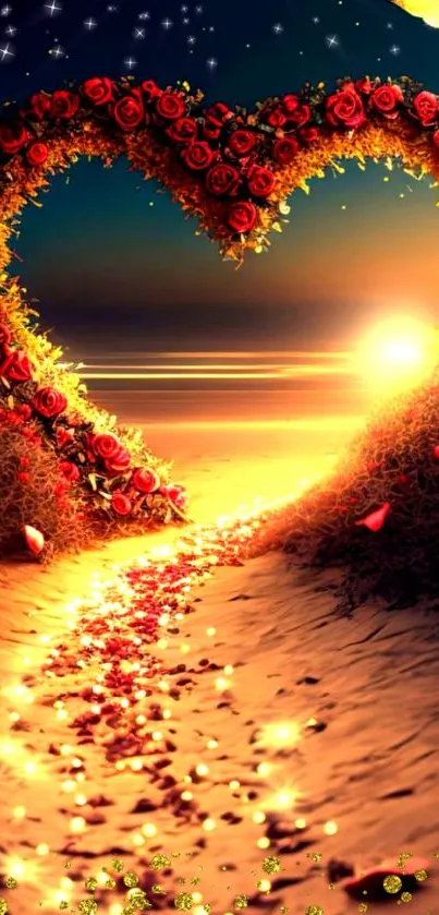 Heart-shaped rose path with golden sunset backdrop.