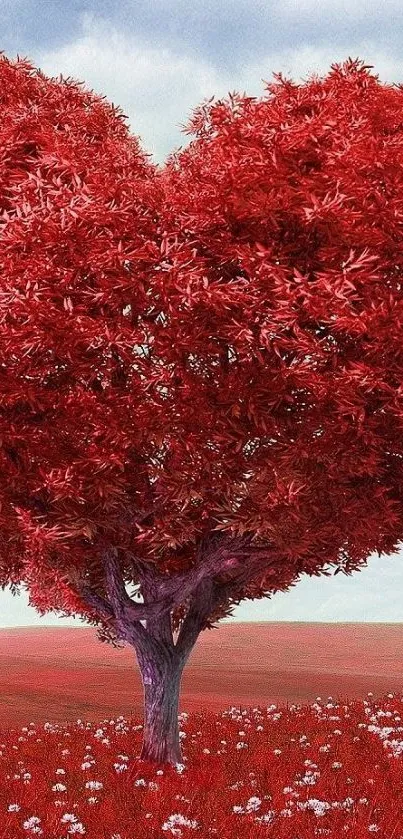 Heart-shaped red tree in a vibrant landscape, perfect for mobile wallpaper.