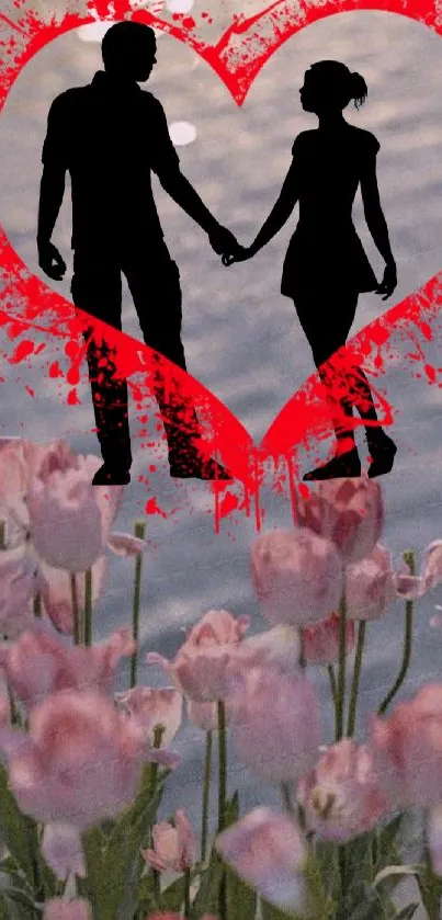 Silhouette couple inside heart above flowers.