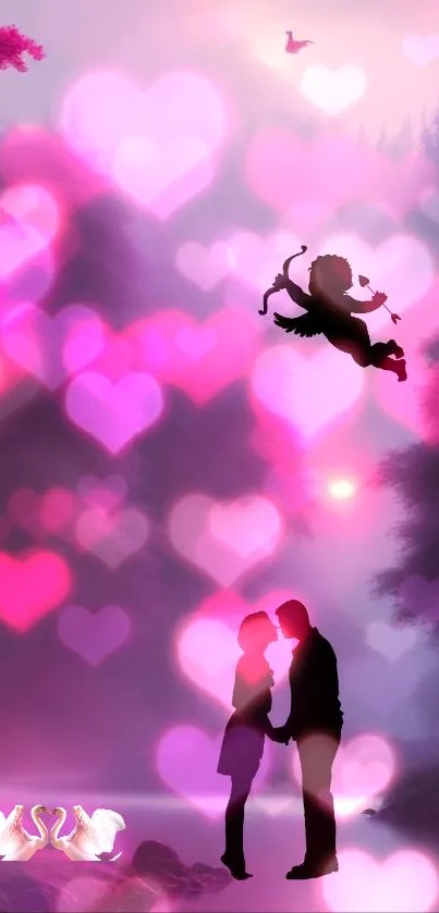 Silhouette of a couple and Cupid with pink heart background.
