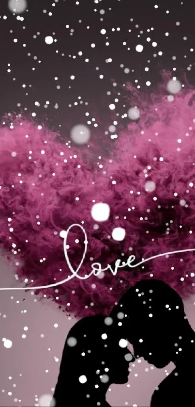 Silhouette of a couple with pink heart-shaped smoke backdrop.