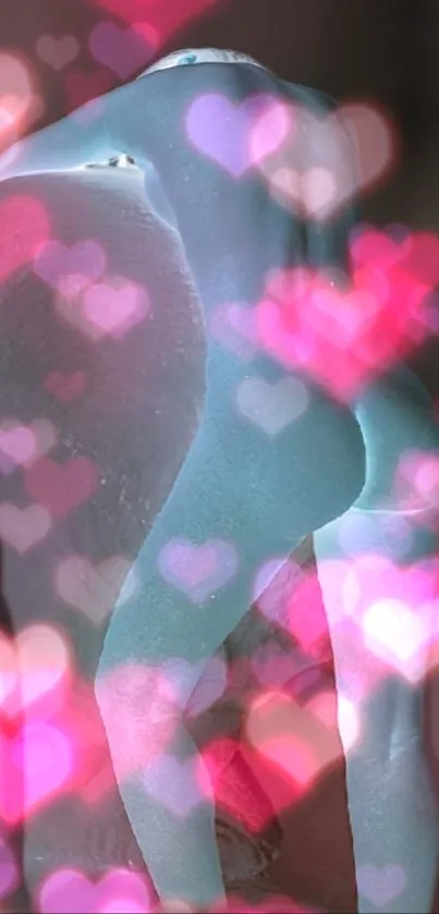 Silhouette with glowing pink and blue hearts creating a dreamy wallpaper.