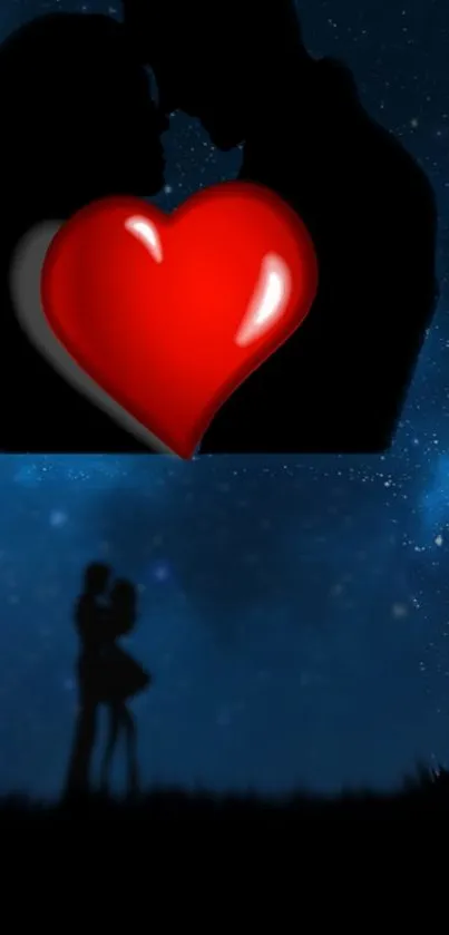 Romantic couple silhouette with a red heart under a starry night sky.