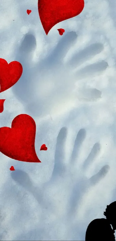 Romantic wallpaper with red hearts, silhouette, and cloud background.
