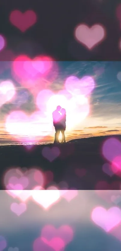 Silhouette of couple with heart-filled sunset background.